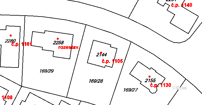 Podklášteří 1105, Třebíč na parcele st. 2144 v KÚ Podklášteří, Katastrální mapa