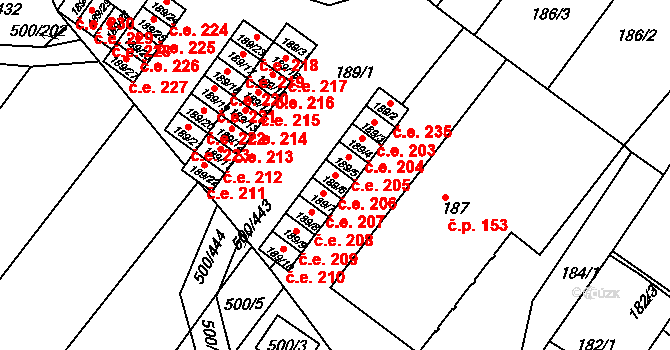Nebovidy 206 na parcele st. 189/6 v KÚ Nebovidy u Brna, Katastrální mapa
