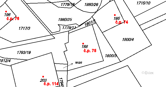Kladná Žilín 75, Luhačovice na parcele st. 188 v KÚ Kladná Žilín, Katastrální mapa