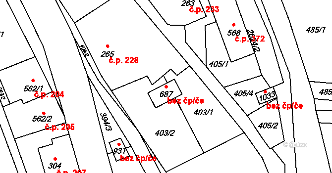 Dolní Újezd 40133427 na parcele st. 687 v KÚ Dolní Újezd u Litomyšle, Katastrální mapa