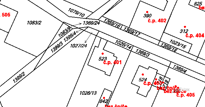 Kudlov 401, Zlín na parcele st. 523 v KÚ Kudlov, Katastrální mapa
