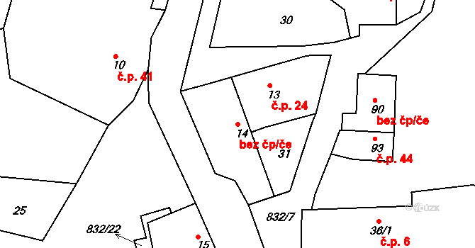 Rosice 43750427 na parcele st. 14 v KÚ Bor u Chroustovic, Katastrální mapa
