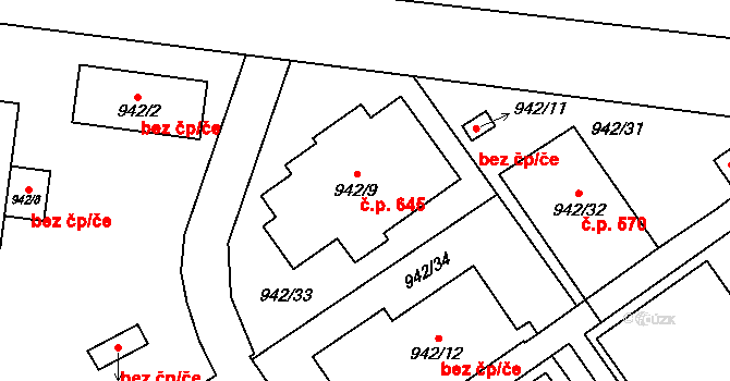 Medlánky 645, Brno na parcele st. 942/9 v KÚ Medlánky, Katastrální mapa