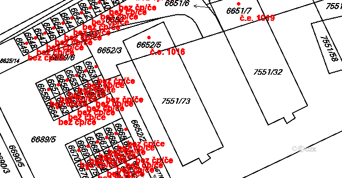 Židenice 1016, Brno na parcele st. 7551/73 v KÚ Židenice, Katastrální mapa
