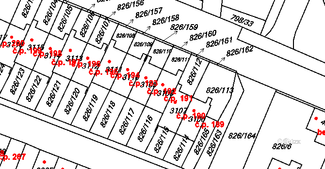 Václavské Předměstí 191, Písek na parcele st. 3108 v KÚ Písek, Katastrální mapa