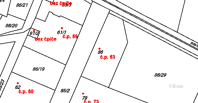 Korycany 63, Neratovice na parcele st. 86 v KÚ Korycany, Katastrální mapa