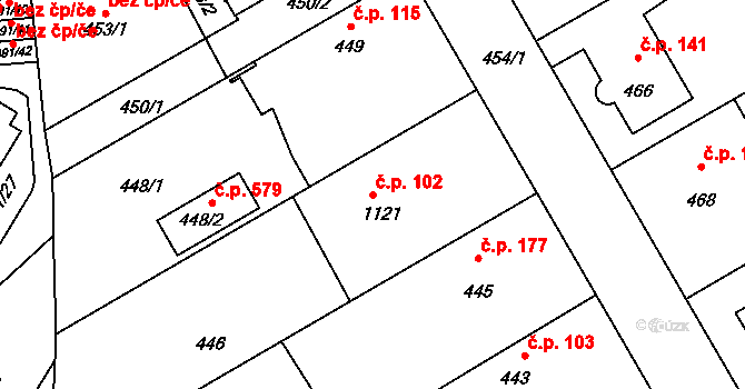 Průhonice 102 na parcele st. 1121 v KÚ Průhonice, Katastrální mapa