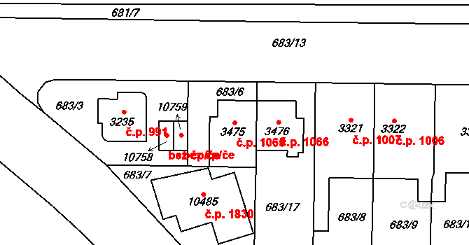 Bílé Předměstí 1065, Pardubice na parcele st. 3475 v KÚ Pardubice, Katastrální mapa