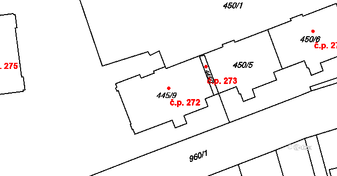 Loučka 272, Nový Jičín na parcele st. 445/9 v KÚ Loučka u Nového Jičína, Katastrální mapa