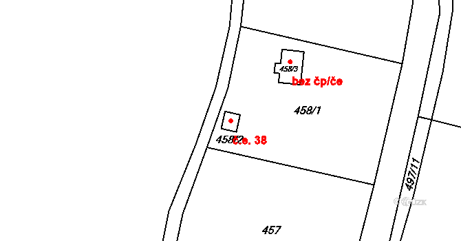 Starý Jičín 38 na parcele st. 458/2 v KÚ Starý Jičín, Katastrální mapa