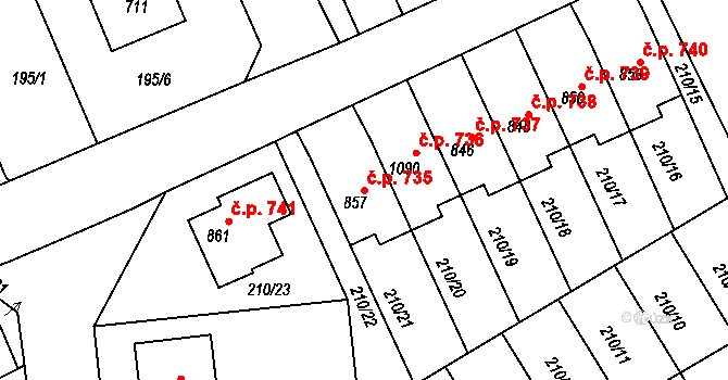 Golčův Jeníkov 735 na parcele st. 857 v KÚ Golčův Jeníkov, Katastrální mapa
