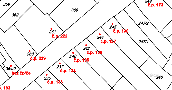 Hrušky 136 na parcele st. 242 v KÚ Hrušky, Katastrální mapa