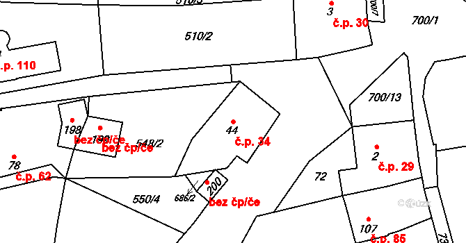 Teplice nad Bečvou 34 na parcele st. 44 v KÚ Teplice nad Bečvou, Katastrální mapa