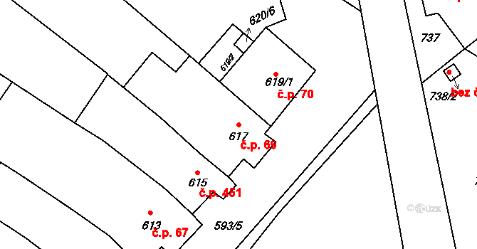 Těšany 69 na parcele st. 617 v KÚ Těšany, Katastrální mapa