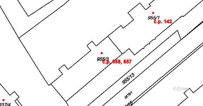 Vyškov-Předměstí 657,658, Vyškov na parcele st. 955/3 v KÚ Vyškov, Katastrální mapa