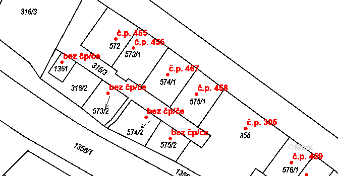 Hejnice 457 na parcele st. 574/1 v KÚ Hejnice, Katastrální mapa