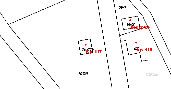 Okrouhlá 117 na parcele st. 107/16 v KÚ Okrouhlá u Nového Boru, Katastrální mapa