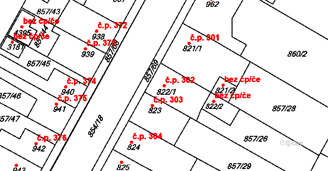 Valdické Předměstí 302, Jičín na parcele st. 822/1 v KÚ Jičín, Katastrální mapa