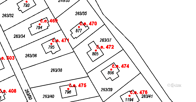 Svojetice 472 na parcele st. 805 v KÚ Svojetice, Katastrální mapa