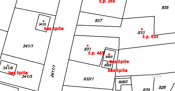 Skřečoň 443, Bohumín na parcele st. 831 v KÚ Skřečoň, Katastrální mapa