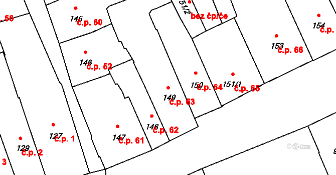 Pelhřimov 63 na parcele st. 149 v KÚ Pelhřimov, Katastrální mapa