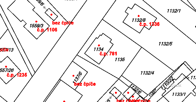Radotín 781, Praha na parcele st. 1134 v KÚ Radotín, Katastrální mapa