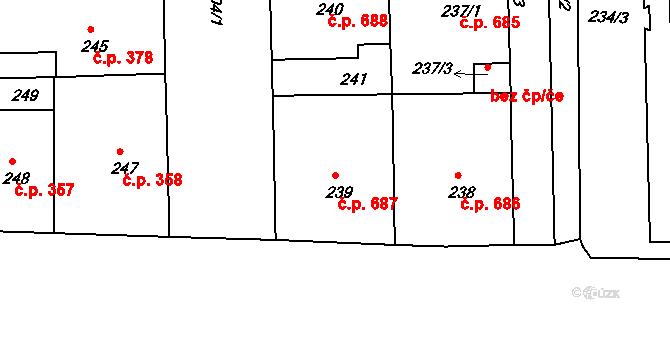 Podolí 687, Praha na parcele st. 239 v KÚ Podolí, Katastrální mapa