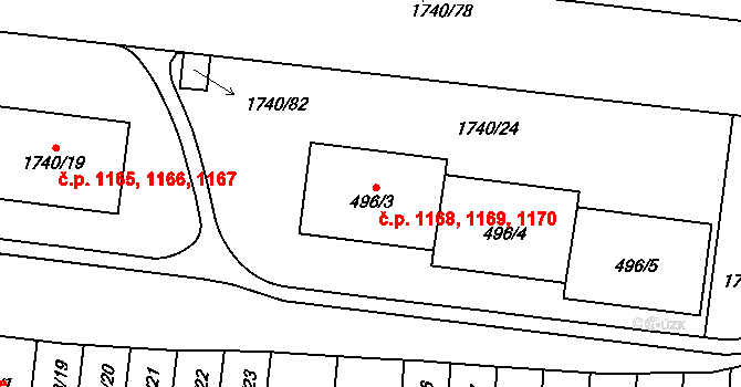 Hostivař 1168,1169,1170, Praha na parcele st. 496/3 v KÚ Hostivař, Katastrální mapa