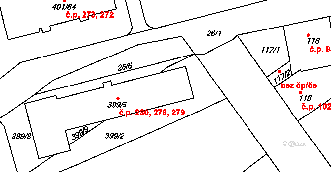 Újezdské Předměstí 278,279,280, Bílina na parcele st. 399/5 v KÚ Bílina-Újezd, Katastrální mapa