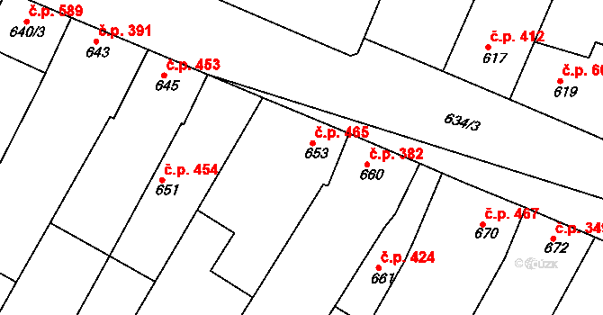 Blučina 465 na parcele st. 653 v KÚ Blučina, Katastrální mapa