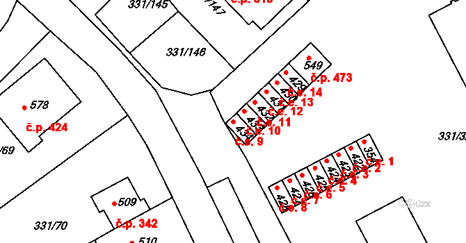 Čebín 9 na parcele st. 434 v KÚ Čebín, Katastrální mapa