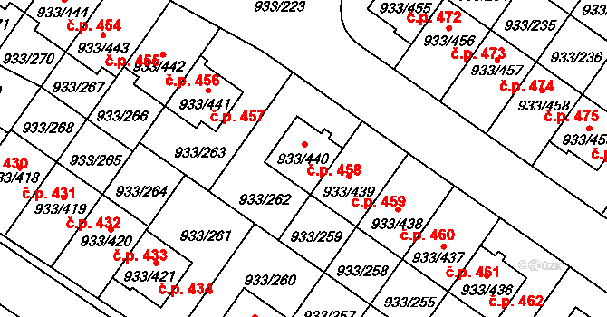 Satalice 458, Praha na parcele st. 933/440 v KÚ Satalice, Katastrální mapa