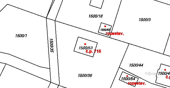 Hradištko 715 na parcele st. 1500/53 v KÚ Hradištko u Sadské, Katastrální mapa