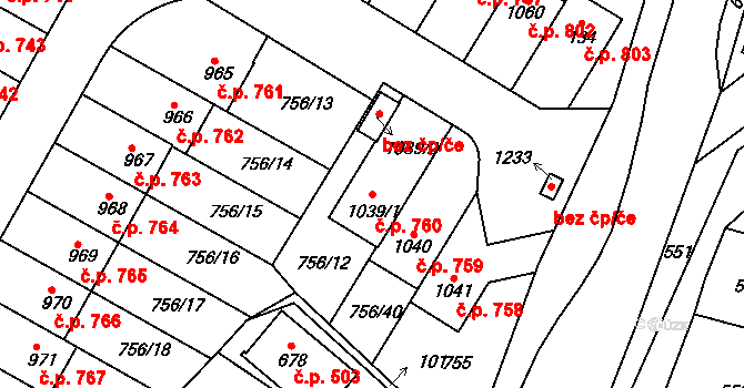 Líbeznice 760 na parcele st. 1039/1 v KÚ Líbeznice, Katastrální mapa