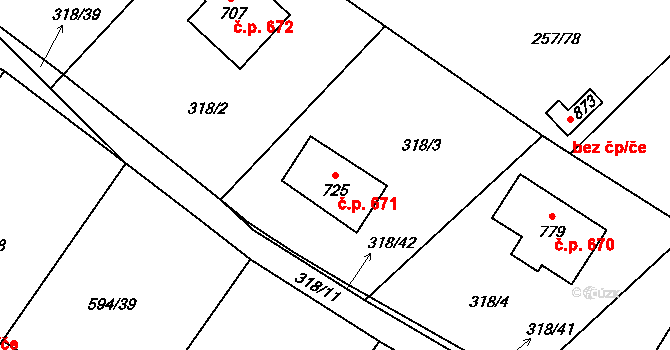 Struhařov 671, Kamenice na parcele st. 725 v KÚ Štiřín, Katastrální mapa
