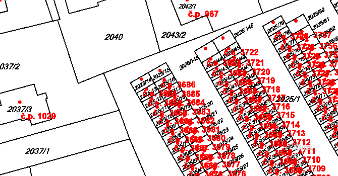 Prostřední Suchá 3684, Havířov na parcele st. 2025/17 v KÚ Prostřední Suchá, Katastrální mapa