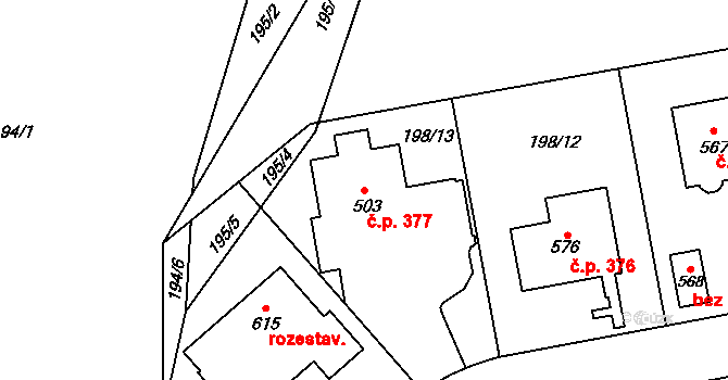 Počaply 377, Králův Dvůr na parcele st. 503 v KÚ Počaply, Katastrální mapa