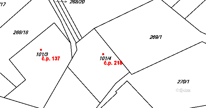 Rosice 218 na parcele st. 101/4 v KÚ Rosice u Chrasti, Katastrální mapa