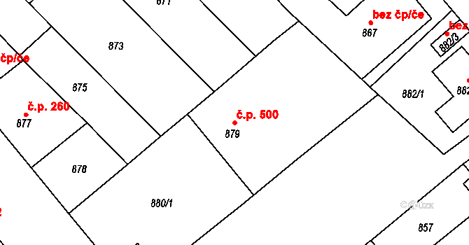 Litomyšlské Předměstí 500, Vysoké Mýto na parcele st. 879 v KÚ Vysoké Mýto, Katastrální mapa