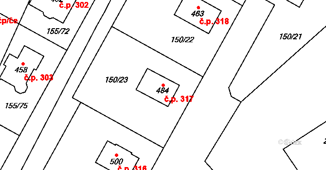 Skřivany 317 na parcele st. 484 v KÚ Skřivany, Katastrální mapa