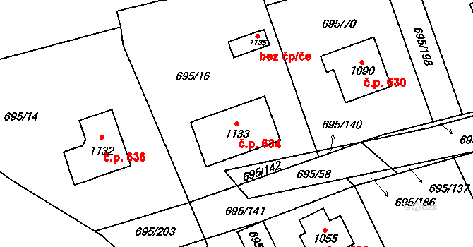 Kryry 634 na parcele st. 1133 v KÚ Kryry, Katastrální mapa