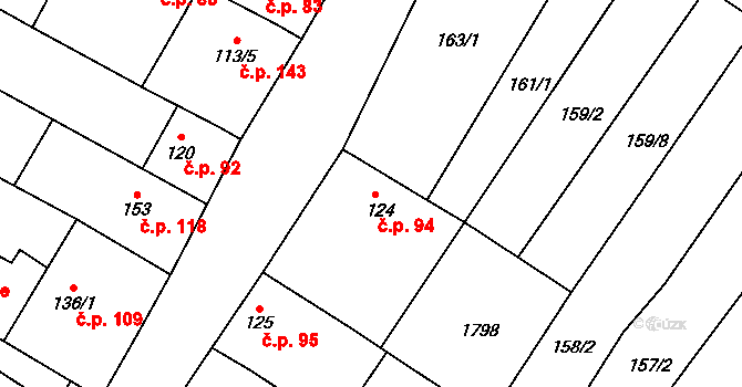 Lískovec 94, Koryčany na parcele st. 124 v KÚ Lískovec, Katastrální mapa