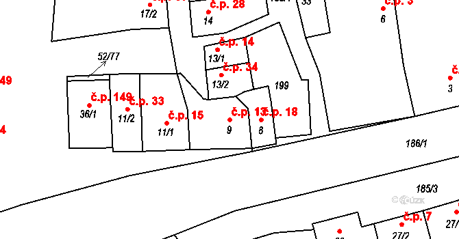 Poličky 13, Doloplazy na parcele st. 9 v KÚ Poličky, Katastrální mapa