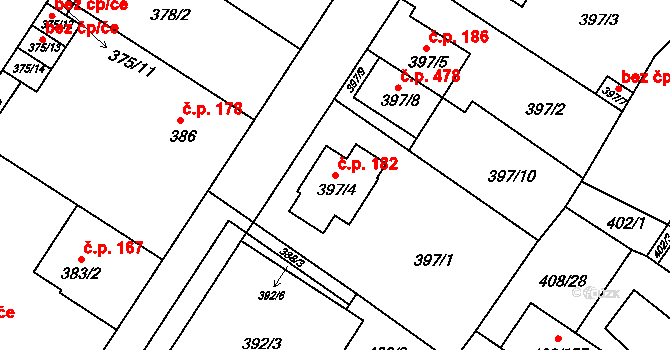 Dobšice 182 na parcele st. 397/4 v KÚ Dobšice u Znojma, Katastrální mapa