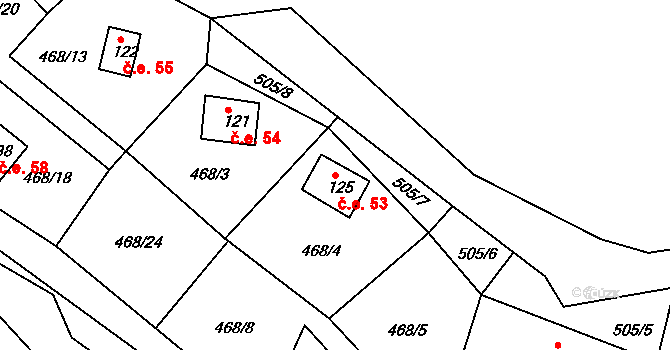 Damice 53, Krásný Les na parcele st. 125 v KÚ Damice, Katastrální mapa