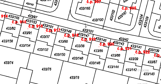 Roudné 919 na parcele st. 433/38 v KÚ Roudné, Katastrální mapa