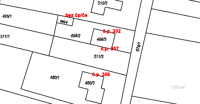 Kobylnice 357 na parcele st. 511/3 v KÚ Kobylnice u Brna, Katastrální mapa