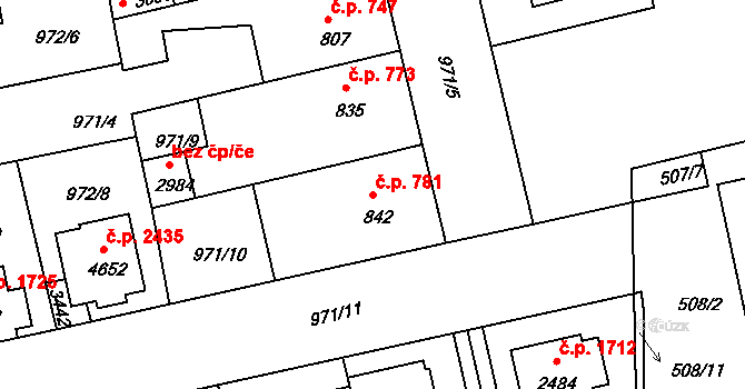 Nymburk 781 na parcele st. 842 v KÚ Nymburk, Katastrální mapa