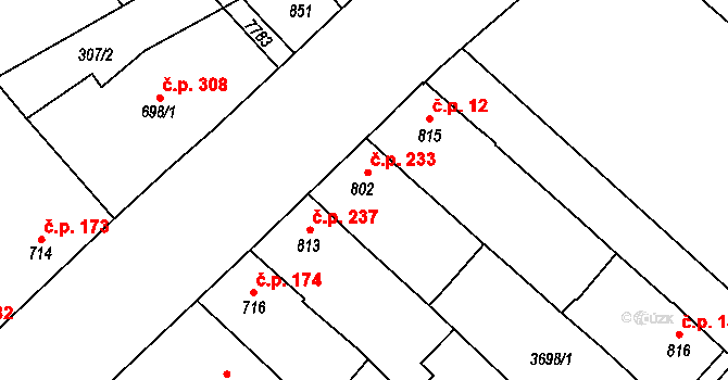Telč-Podolí 233, Telč na parcele st. 802 v KÚ Telč, Katastrální mapa
