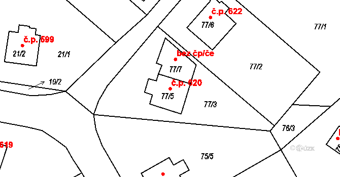 Lyžbice 620, Třinec na parcele st. 77/5 v KÚ Lyžbice, Katastrální mapa